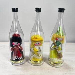 Lot of 3 Rare Vintage Miniature Lucky Lady Dolls in Bottles Kitschy Tchotchke